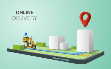 Scooter 'da dijital online ücretsiz küresel dağıtım, cep telefonu, internet sitesi geçmişi. Yolcu gıda nakliyesi konsepti. Üç boyutlu perspektif, üst görünüm vektör illüstrasyonu. düz dizayn. Boşluğu kopyala