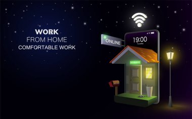 Geceleri evden dijital online çalışma, cep telefonunda ışık, cep telefonu web sitesi arka planı. Sosyal mesafe kavramı. Ev Wi-Fi Mobil 'den dekorasyon. 3 boyutlu vektör illüstrasyonu. düz tasarım pastel - kopyalama alanı