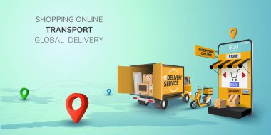 Dijital Online Shop Global lojistik kamyonu Van Scooter Black Yellow Delivery telefonda, mobil web sitesi geçmişi. Konum alışverişi yiyecek nakliye kutusu konsepti. 3 boyutlu vektör illüstrasyonu. Boşluğu kopyala