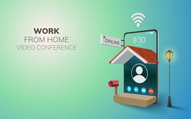 Ev video konferansından Digital Online Work, telefondan arama, mobil web sitesi geçmişi. Sosyal mesafe kavramı. Ev Wi-Fi Mobil 'den dekorasyon. 3 boyutlu vektör illüstrasyonu. düz tasarım pastel - kopyalama alanı