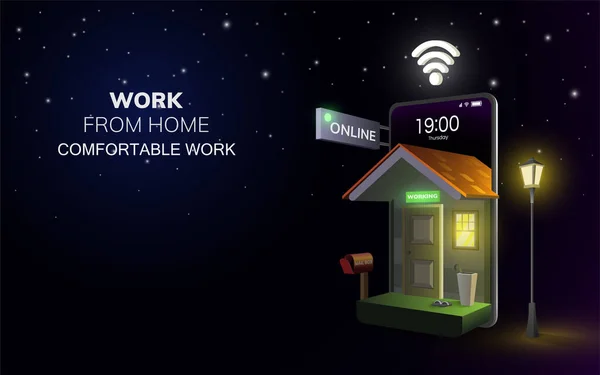Cyfrowa Praca Online Domu Nocy Jasnym Blaskiem Telefonie Tło Mobilnej — Wektor stockowy