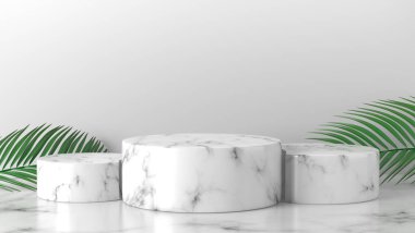 Beyaz arka planda beyaz mermer silindir podyum. Yeni ürün için konsept sahne gösterisi, promosyon satışı, afiş, indirim, sunum, kozmetik, sıralama, teklif. kopyalama alanı. 3B görüntüleme