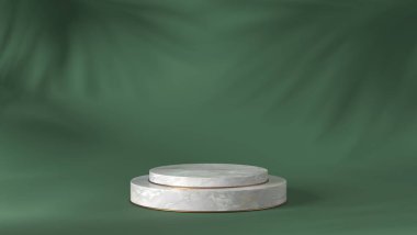 Lüks beyaz mermer blok, daire, silindir podyum gölgesi yeşil doğal arka planda bırakır. Konsept sahne gösterisi, ürün, parfüm, promosyon satışı, afiş, sunum, kozmetik. 3 Boyutlu Hazırlama