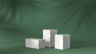 Lüks beyaz mermer kutu, blok, kare podyum küp gölgesi yeşil doğal arka planda. Konsept sahne gösterisi, ürün, parfüm, promosyon satışı, afiş, sunum, kozmetik. 3 Boyutlu Hazırlama