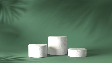 Lüks beyaz mermer blok, daire, silindir podyum gölgesi yeşil doğal arka planda bırakır. Konsept sahne gösterisi, ürün, parfüm, promosyon satışı, afiş, sunum, kozmetik. 3 Boyutlu Hazırlama