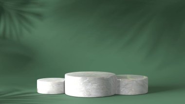 Lüks beyaz mermer blok, daire, silindir podyum gölgesi yeşil doğal arka planda bırakır. Konsept sahne gösterisi, ürün, parfüm, promosyon satışı, afiş, sunum, kozmetik. 3 Boyutlu Hazırlama