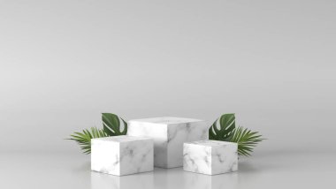 luxury white Marble box, block, square podium cube green leaves in white marble background. concept scene stage showcase, product, perfume, promotion sale, banner, presentation, cosmetic. 3D render clipart