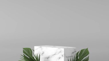 Lüks beyaz mermer kutu, blok, kare kürsü yeşil yapraklar beyaz mermer arka plan. Konsept sahne gösterisi, ürün, parfüm, promosyon satışı, afiş, sunum, kozmetik. 3 Boyutlu Hazırlama