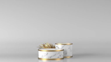 Lüks altın yüzük, beyaz mermer kutu, beyaz mermer yaprak arka planda podyum küp. Konsept sahne gösterisi, ürün, parfüm, promosyon satışı, afiş, sunum, kozmetik. 3 Boyutlu Hazırlama