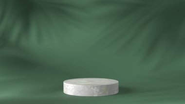 Lüks beyaz mermer blok, daire, silindir podyum gölgesi yeşil doğal arka planda bırakır. Konsept sahne gösterisi, ürün, parfüm, promosyon satışı, afiş, sunum, kozmetik. 3 Boyutlu Hazırlama