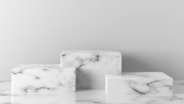 Beyaz mermer küp, kare şeklinde beyaz arka planda podyum. Yeni ürün için konsept sahne gösterisi, promosyon satışı, afiş, indirim, sunum, kozmetik. Kopyalama alanı ile - 3B görüntüleme