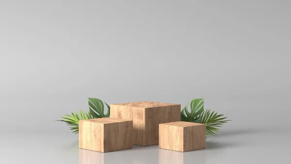 luxury brown fine wood box, block, square podium cube green leaves in white marble background. concept scene stage showcase, product, perfume, promotion sale, wooden, presentation, cosmetic. 3D render