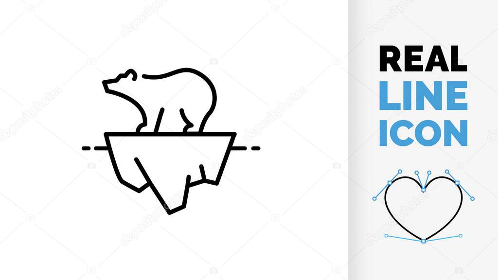 Editable line icon of a polar bear on a small ice sheet because of global warming