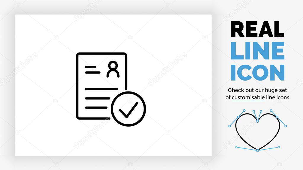 Editable line icon of a resume with a checkbo