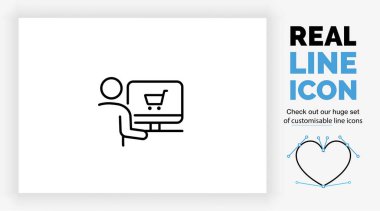 Online bilgisayar alışverişinde masasında duran bir çöp adamın gerçek satır simgesi