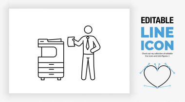 Editable line icon of a stick figure businessman standing next to the copier in the print room clipart