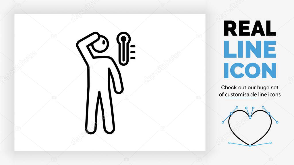 real line icon of a outline stick figure having a high fever