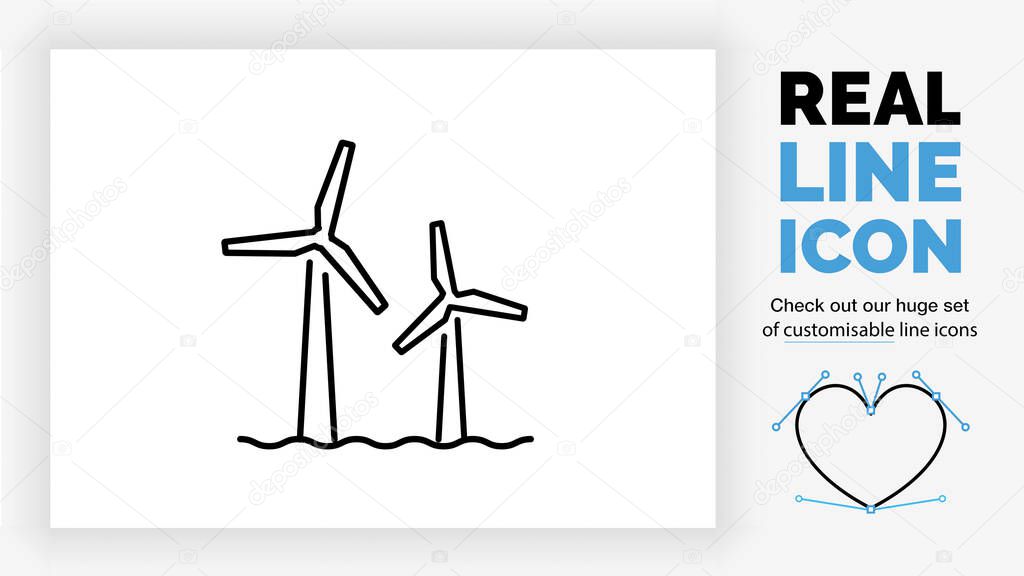 Editable line icon of a windmill park at sea