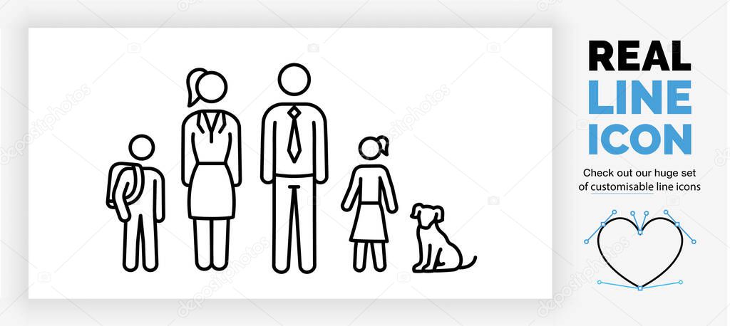 Editable line icon of stick figure family