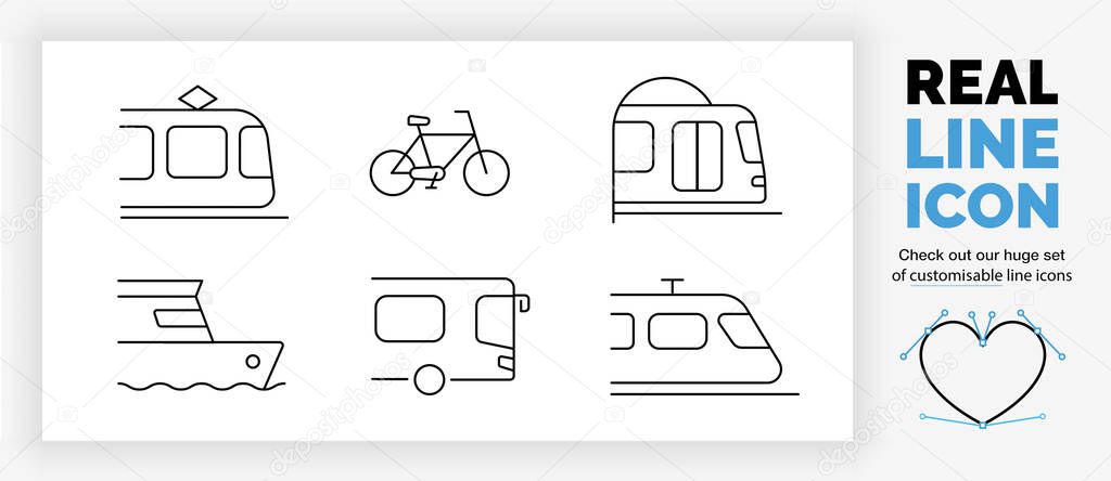 Editable real line icon set of the side view of public transport