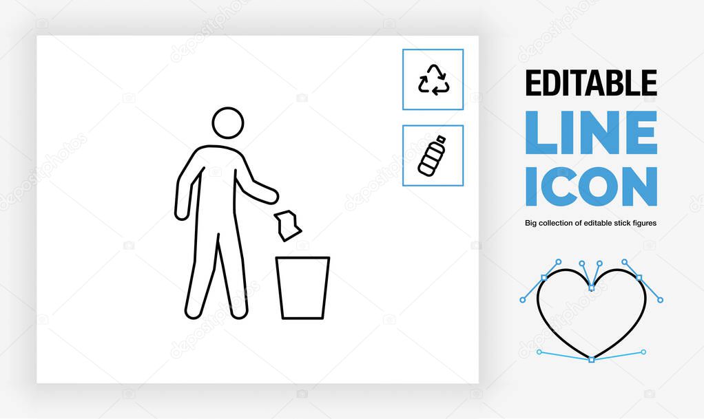 Editable lien icon of a stick figure throwing away trash
