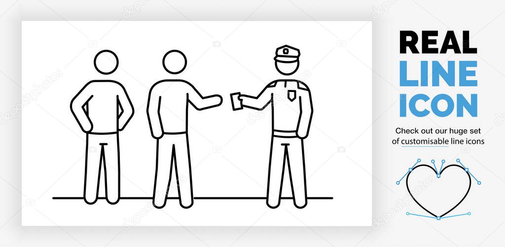 Editable line icon of a police officer giving a ticket