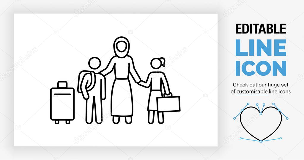 Editable line icon of a refugee family