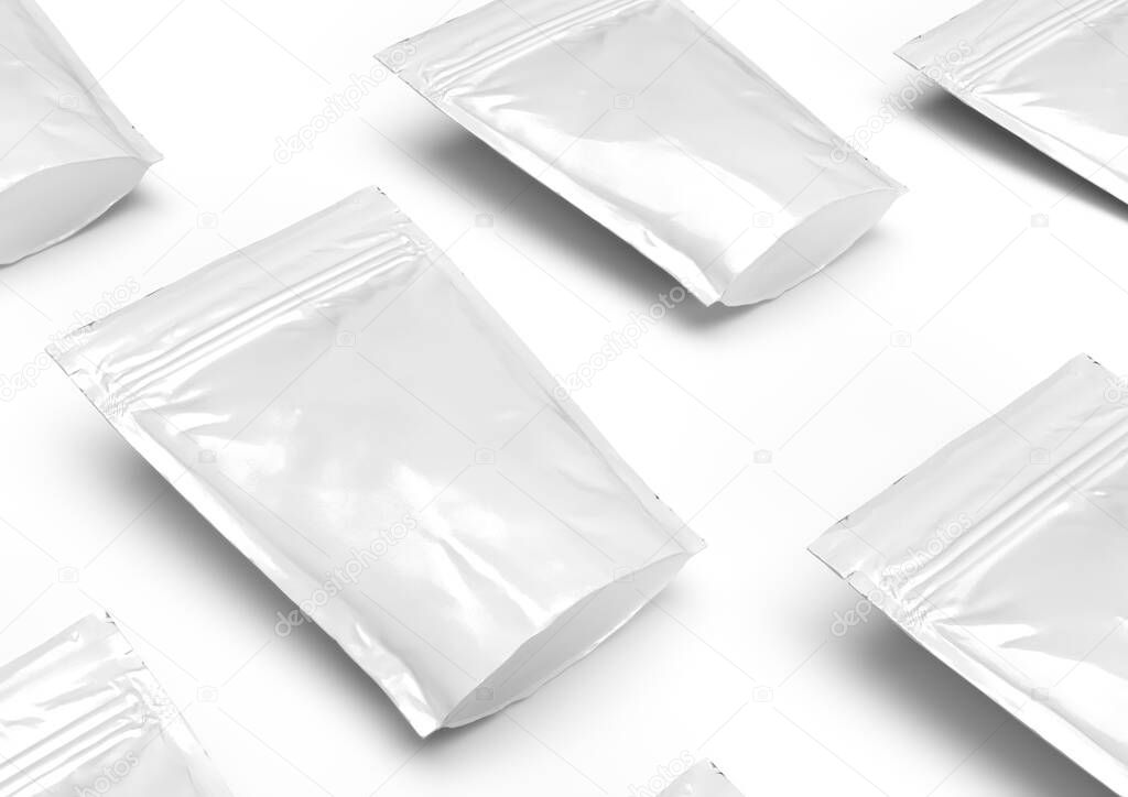 Blank packaging foil zipper pouch isolated on white background. Food Bag Package Of Coffee, Salt, Sugar, Pepper, Spices Or Flour, Folded, Grayscale.