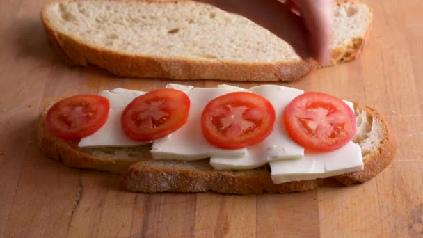 Sirve un brindis vegetariano de pan casero con queso fresco y tomate, orégano. Comida vegetariana saludable — Vídeo de stock