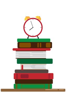 Okul kitaplarındaki çalar saat. Eğitim sürecinin bir yansıması. Resim simgesi çalıştırılıyor. 