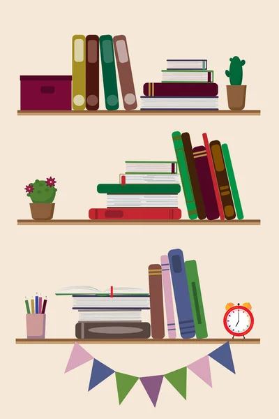 Três estantes com diferentes livros e vasos de flores — Vetor de Stock