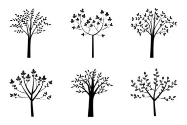 Beyaz arka planda kökleri ve taçları olan siyah ağaçlar. Altı parça.