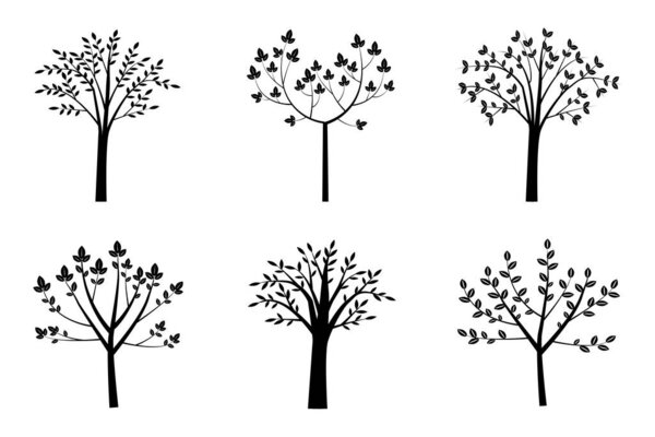 black trees with roots and crowns on a white background six pieces