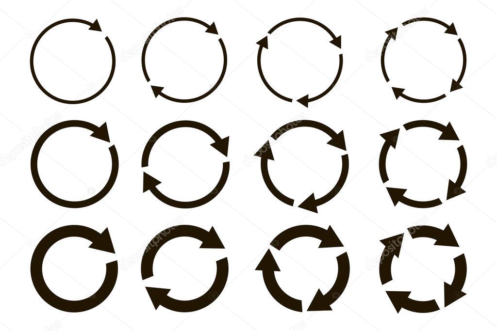 different circular arrows of black color, different thickness on a white background