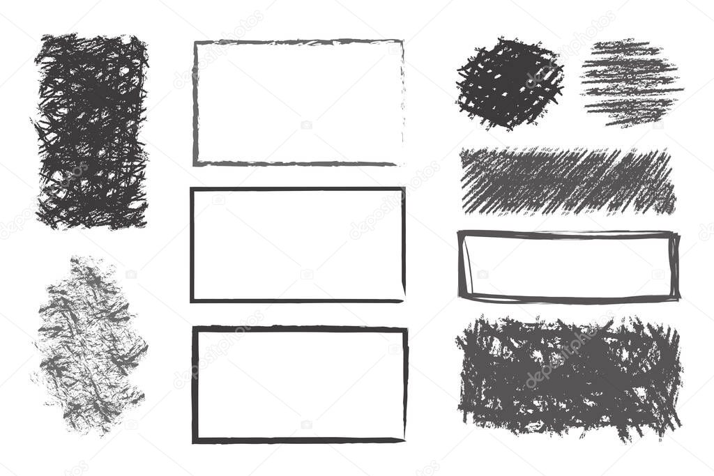 Vector sketch drawn with a pen or pencil. Frames, shapes of various shapes depicted as scribbles.