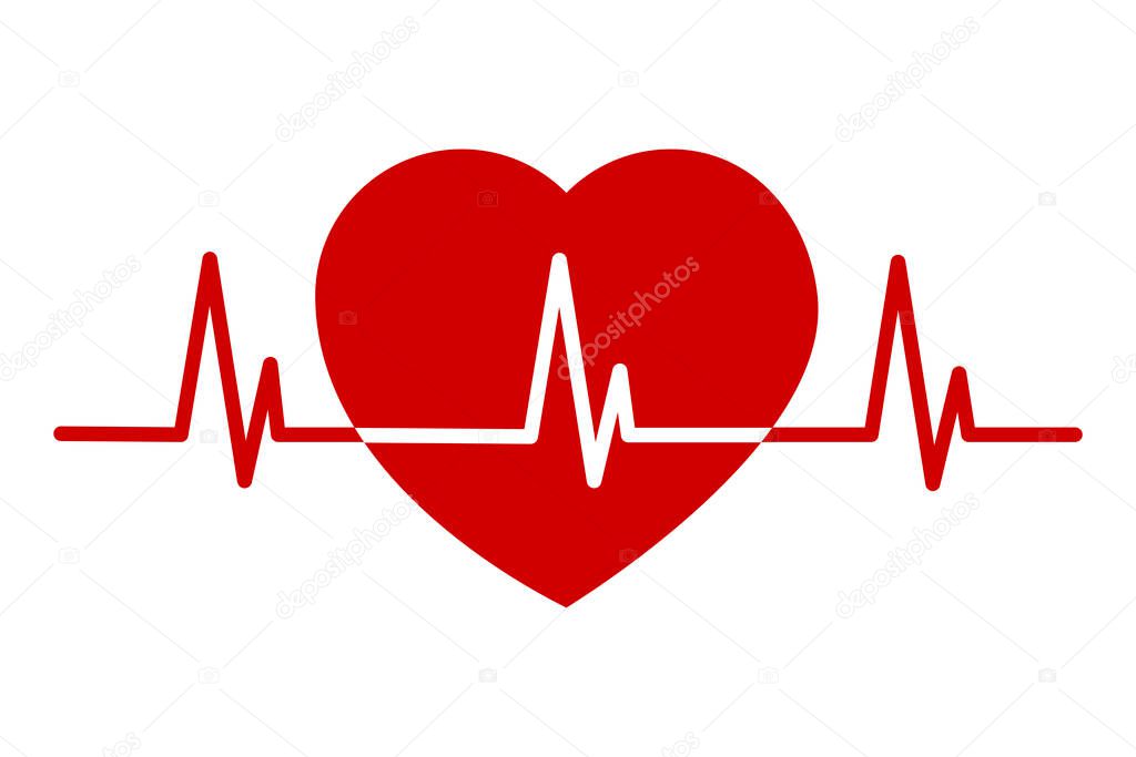 Vector heart icon with a cardio line. Red medical logo showing a heartbeat.