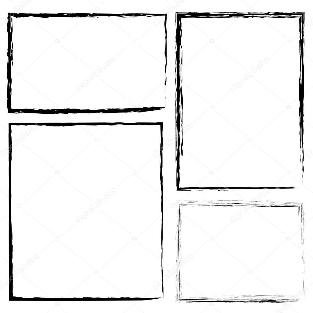 Hand-drawn brush border. Flat rectangle frame in grunge style. Pencil drawing. Stock photo.