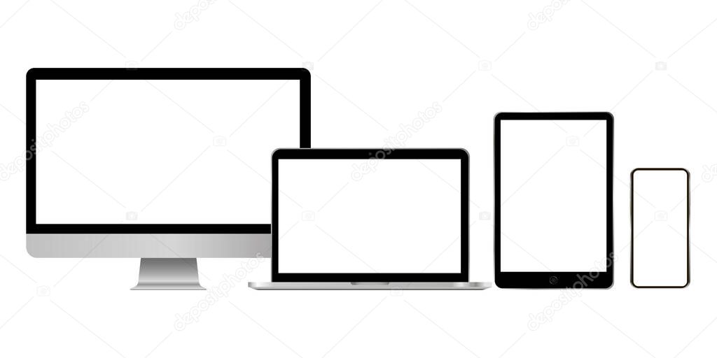 Tablet template, computer image, laptop illustration, phone mockup. Flat digital devices with blank screens. Stock Photo.