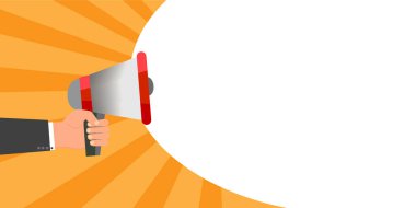 Vektör düz megafon ikonu. Alarmlı bir hoparlör tasviri. Ağızlıkla reklam veren bir el. Medyada yayın haberleri.