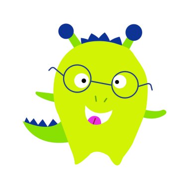 Şirin bir canavarın vektör karikatürü. Mutlu komik uzaylı. Gülümseyen sevimli bir trolün tasviri. Oyuncu, aptal bir canavarın robot resmi. Stok Fotoğrafı.