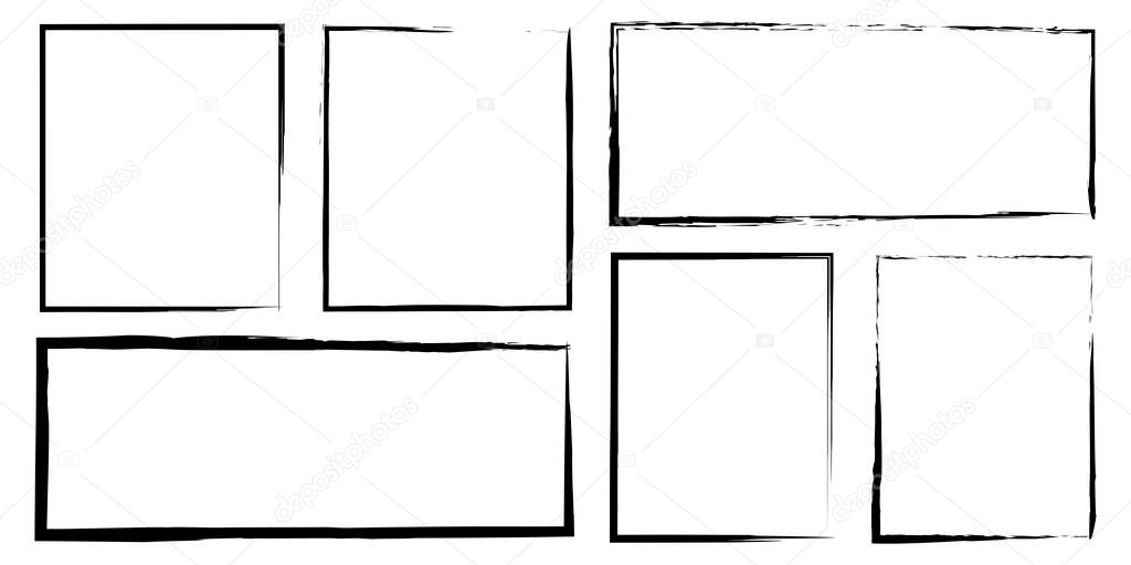 Hand-drawn border frame vector. Black brush-drawn flat rectangles. Rough doodle ink scrawled with ink on a white background. Stock Photo.