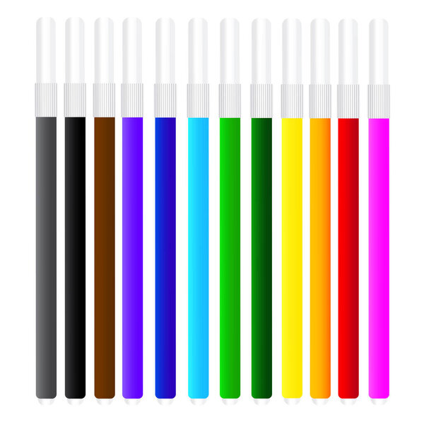 Set of colored markers or pencils. Drawing of colorful felt-tip pens on a white background. Vector image. Stock Photo.