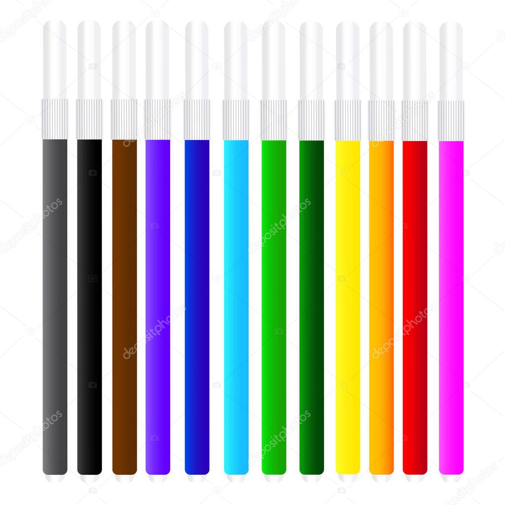 Set of colored markers or pencils. Drawing of colorful felt-tip pens on a white background. Vector image. Stock Photo.