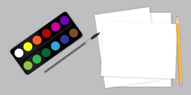 Bir fırçanın vektör görüntüsü ve kağıtla boyama. Suluboya paleti. Sanatçının aracı.