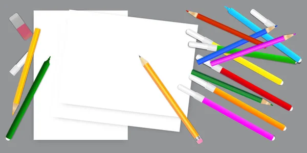 Imagen vectorial de lápices de colores y papel. Materiales de oficina realistas . — Archivo Imágenes Vectoriales