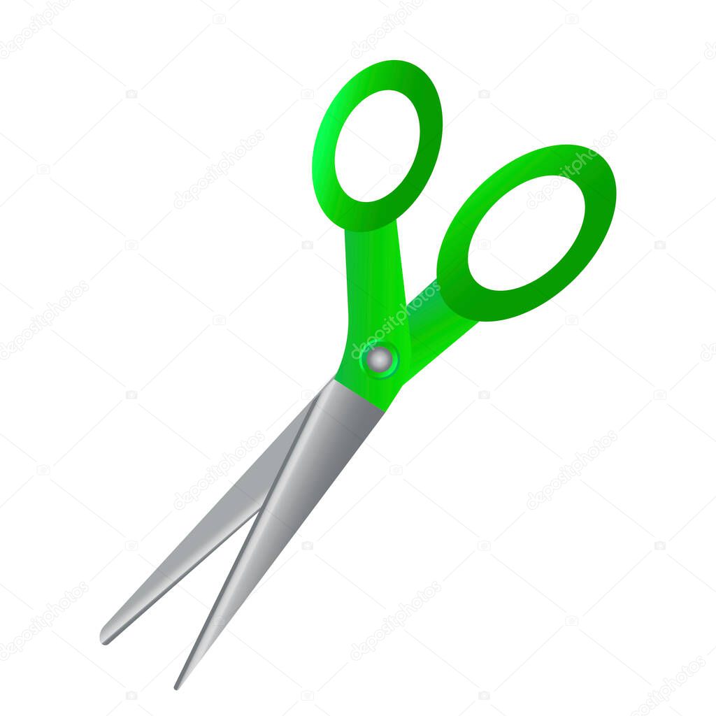 Scissors for cutting out of paper. Vector drawing green scissor. Sim of acute instrumentation.