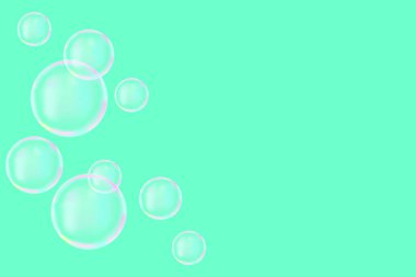 Yeşil sabun köpüklerinin vektör arkaplanı. Şeffaf ve temiz hava mermileri.