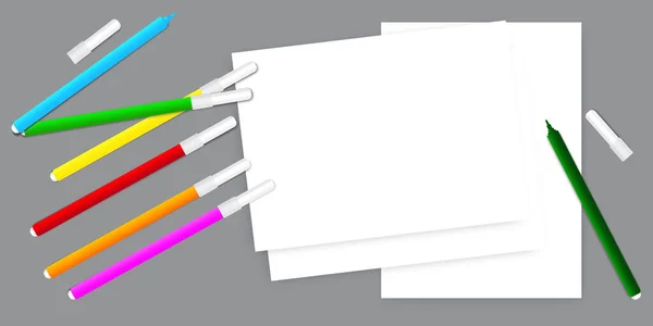 Itens para a escola. Marcadores e papel para desenho. Imagem vetorial de ferramentas de papelaria . —  Vetores de Stock