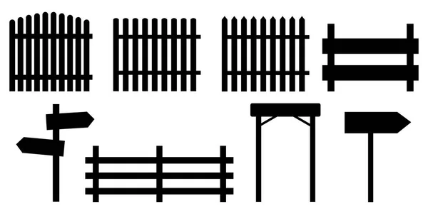 Vektor Siluett Skylt Stolpe Och Staket Svarta Gatuskyltar Och Barriärer — Stock vektor