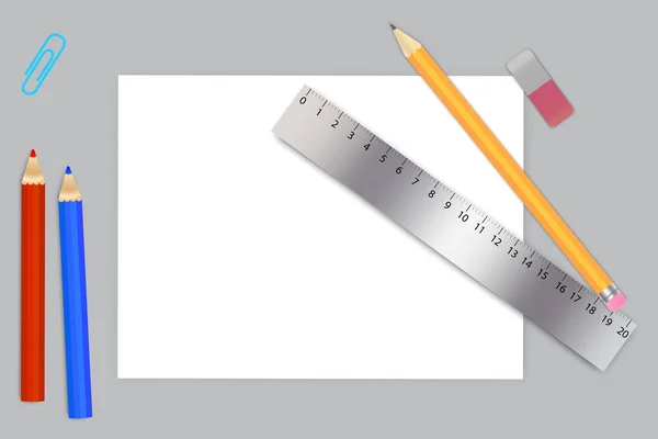 Imagen vectorial de un conjunto escolar. Artículos de estudio Lápiz regla lápices borrador. Juego de papelería para oficina . — Archivo Imágenes Vectoriales